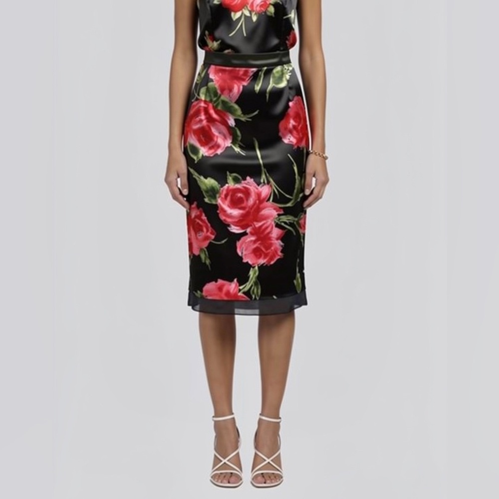 Rare Vintage D&G Dolce & Gabbana Archival Rose Print Satin Pencil Skirt